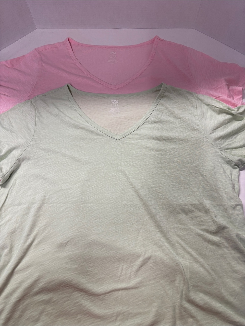 Lot of 2. Lord & Taylor V-Neck Short Sleeve Tees in Pink and Pale Green